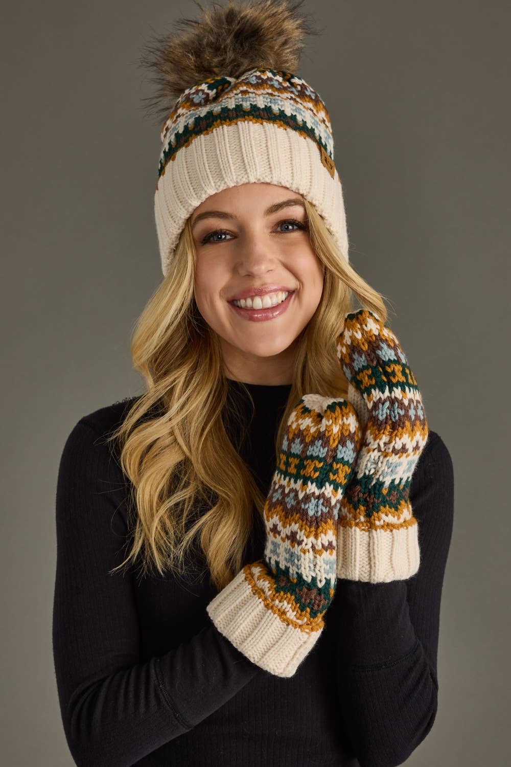 Cream & Multi Patterned Pom Hat