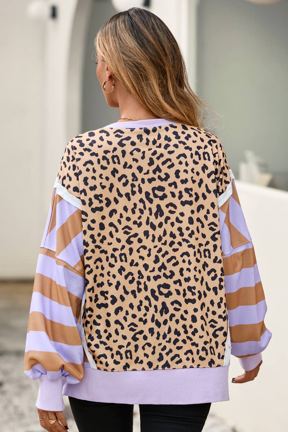 Leopard Striped Color Block Sweatshirt