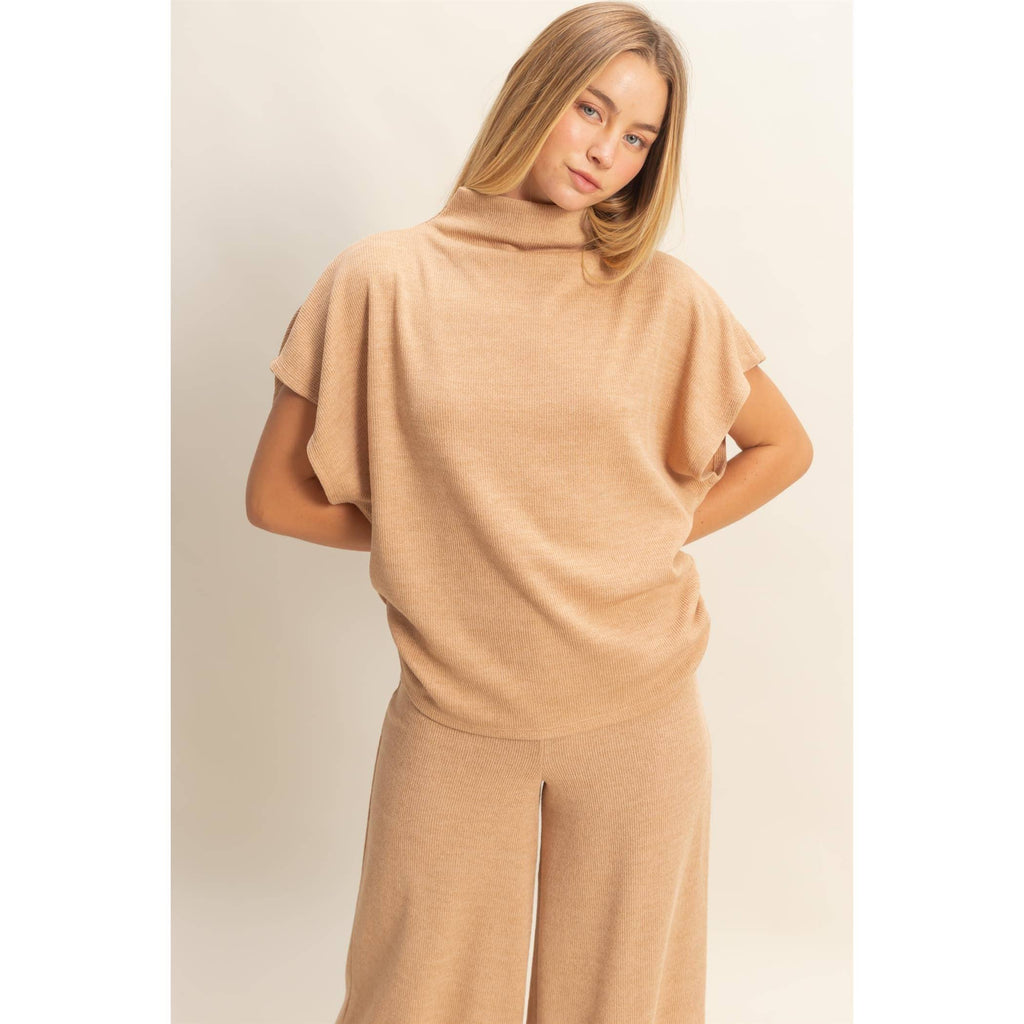 Mock Neck Top And Pants Set: Beige