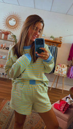 Stripe Colorblock Pullover Elastic Waist Shorts 2pcs Set: Blue and Yellow