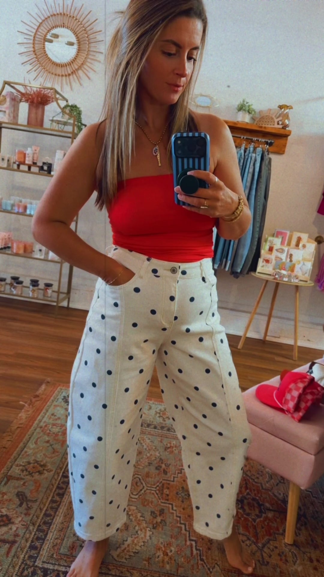 Polka Dot Print Seam Detail Barrel Jeans