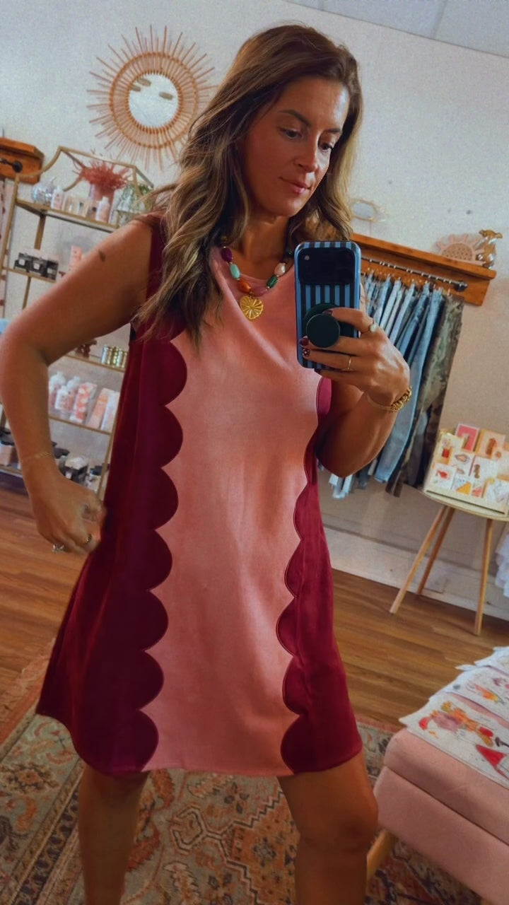 Suede Colorblock Sleeveless Dress W/ Scallloped Panels